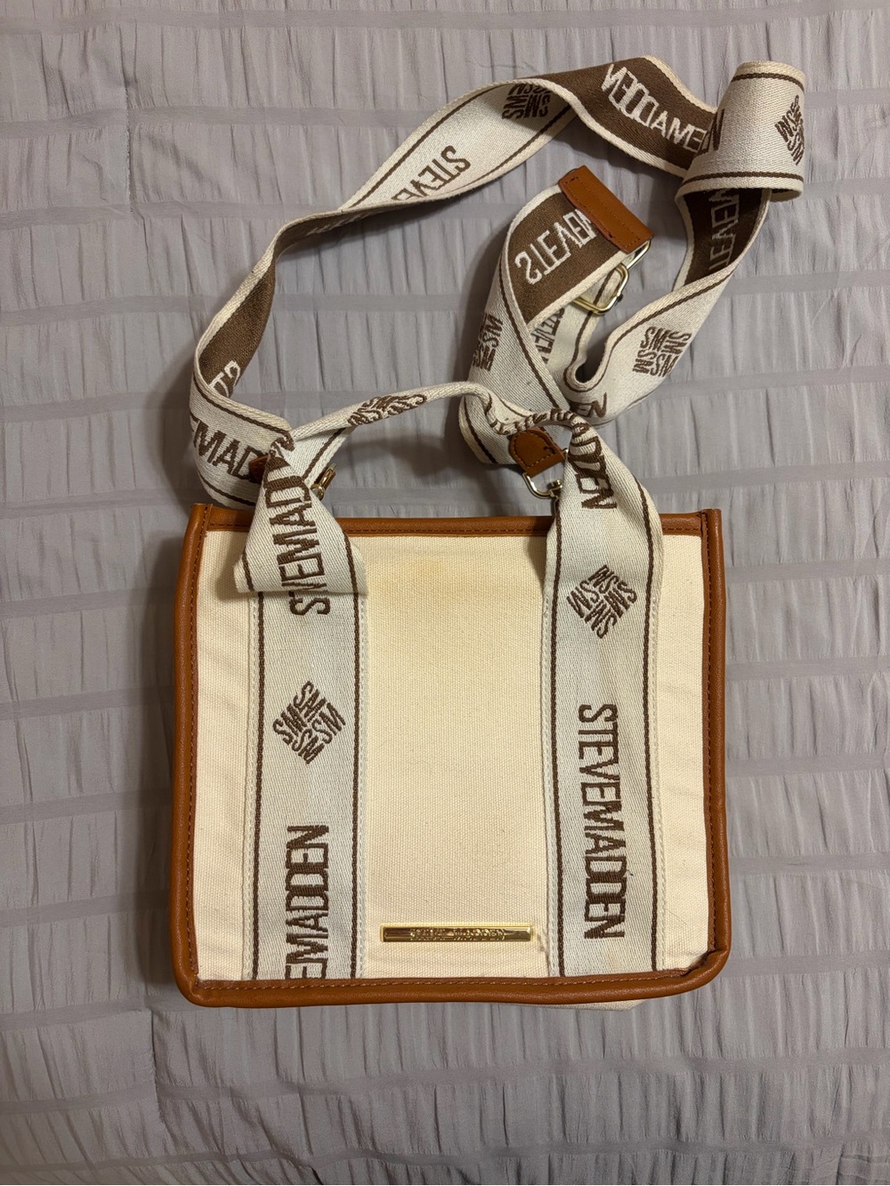Steve Madden Cream Canvas Crossbody with Brown Trim and Branded Strap